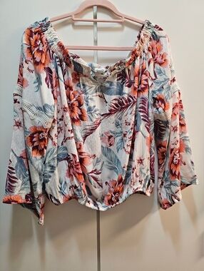 American Rag Floral Off-Shoulder Blouse in White, Orange, Blue